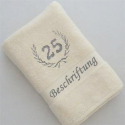 Preview: Lorbeerkranz 25 silber auf Handtuch bestickt